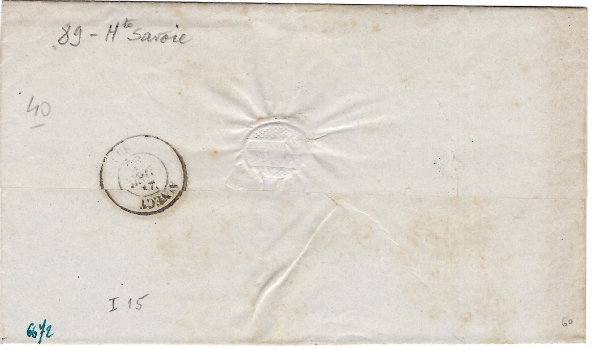 1 N° 14 PC 4245 TYPE 15 THONES 21 DEC 1860 LETTRE POUR ANNECY HAUTE SAVOIE