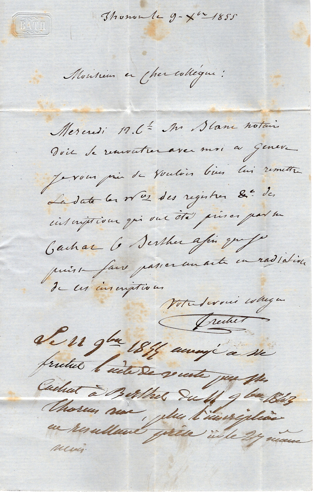 2 SARDE 20C NUANCE FONCE LETTRE THONON 1855 POUR BONNEVILLE