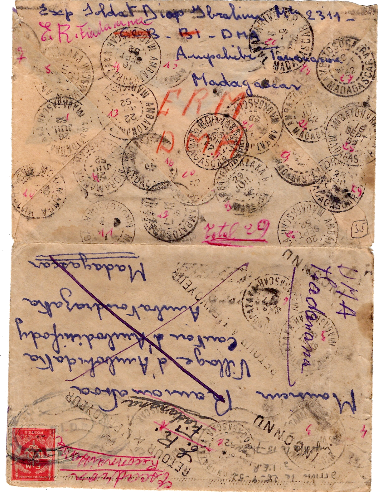 1 FM ROUGE LETTRE MADAGASGAR 1952 + DIVERSES REEXPEDITIONS