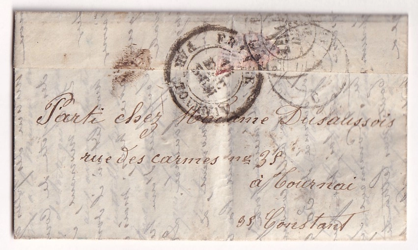 1 BALLON MONTE LE GENERAL RENAULT PARIS 10.12.1870 POUR LILLE NORD REEXPEDIE A TOURNAY BELGIQUE TAXE TAMPON 3 ARRIVE LILLE 14.15.1870 AU DOS