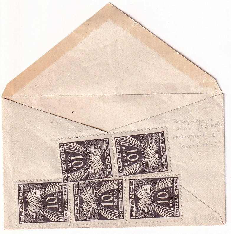 2 N°713 GANDON MIGNONETTE TAXEE CHIFFRE TAXE TYPE GERBE 1FR50 + 10C X5 AU DOS LILLE 1945 POUR BEUVRAGE NORD