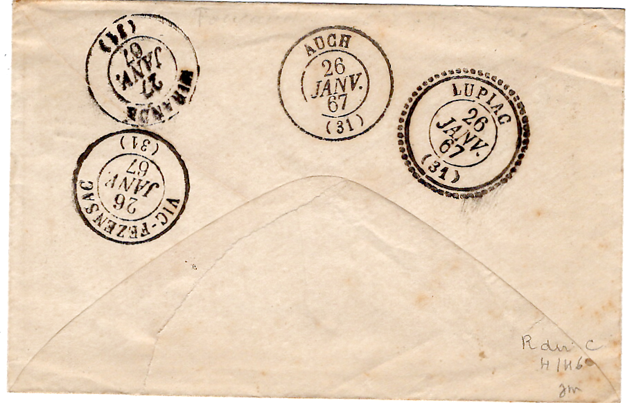 1 N° 22 LETTRE GC 2126 TYPE 22 LUPIAC 25 JZNV 1867 (31) GERS SUPERBE