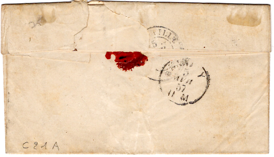 1 SARDE 20C EFFLEURE ALBENS 2 AVR 1857 LETTRE POUR BONNEVILLE SIGNE CALVES