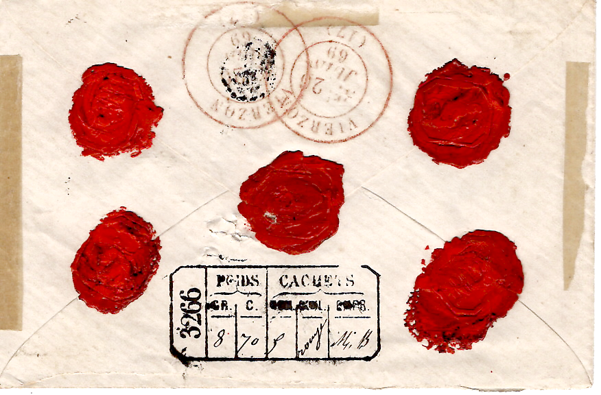 1 LAURE 40C SEUL PETITE LETTRE CHARGE GC 3266 TYPE 15 SALBRIS 1869+ OL  LOIR ET CHER VIERZON EN ROUGE AU DOS CHER