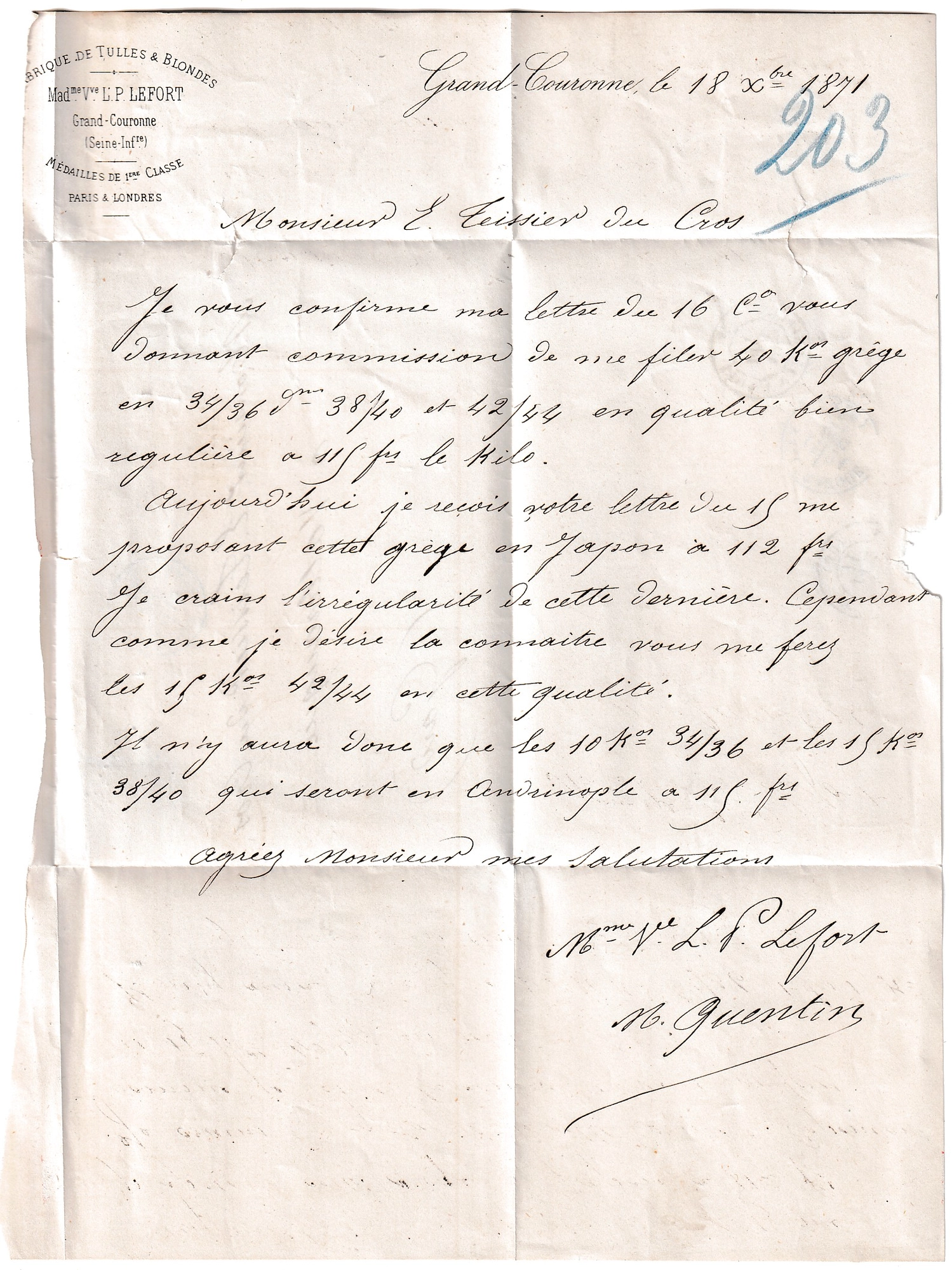 2 N°60 GC 1694 EN BLEU + CAD TYPE 16 EN BLEU GRAND COURONNE SEINE INFERIEURE POUR VALLERAUGUE GARD 18.02.1871