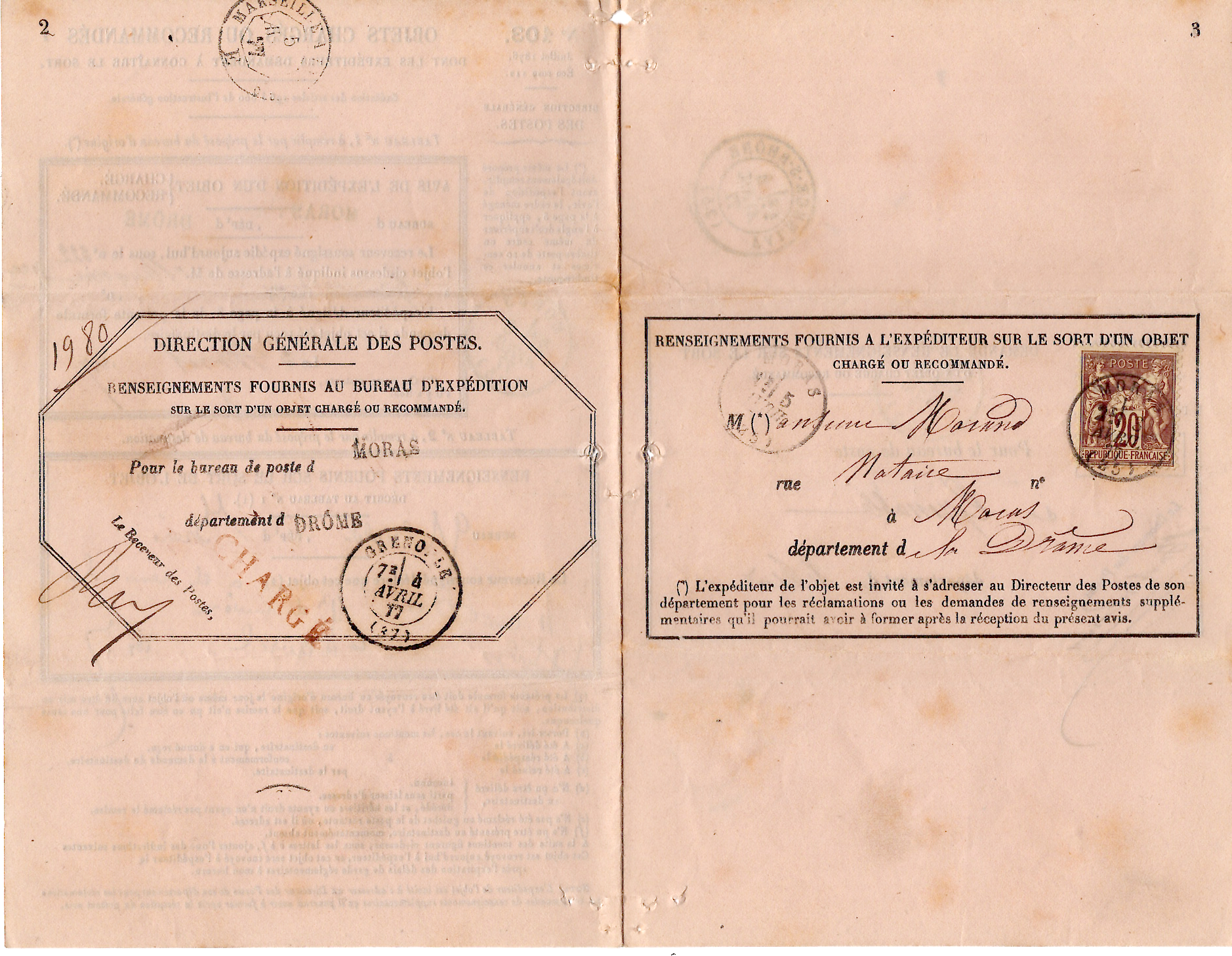 2 SAGE 20C BRUN N°67 SEUL AVIS RECEPTION N°103 TYPE 16 MORAS 1877 (25) DROME