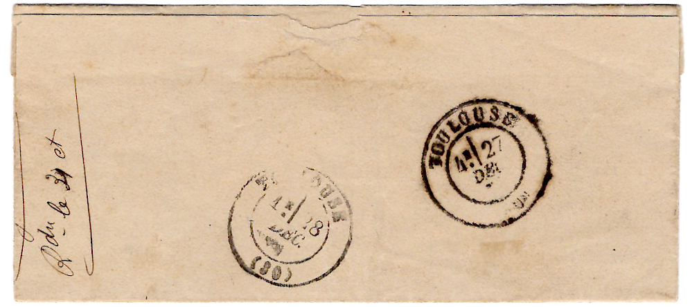 2 N° 60 VARIETE GRANDE CASSURE N°146A LETTRE AMBULANT PERIGUEUX A TOULOUSE 1871  RARE