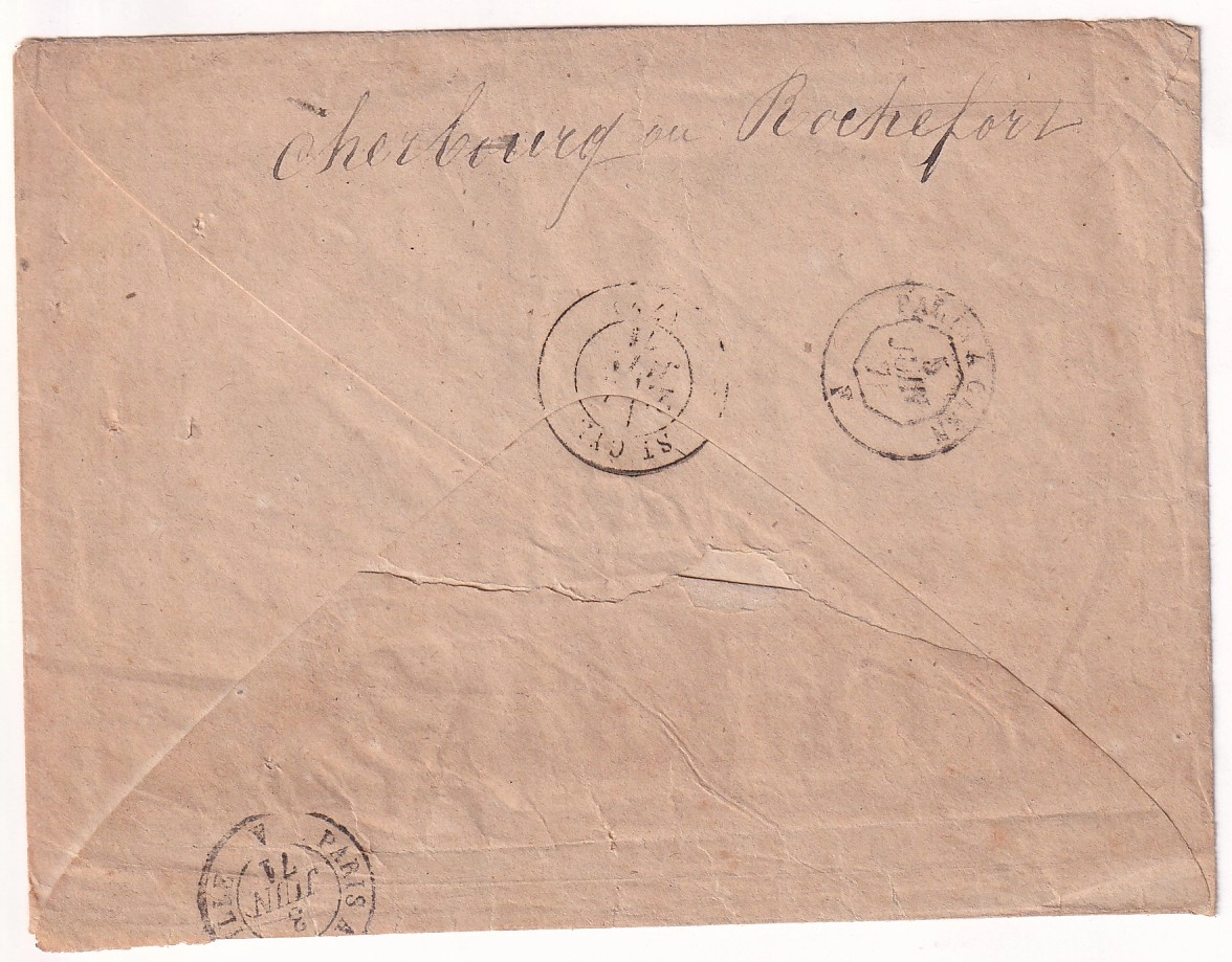 1 N°29 PARIS 3 JUIN 1871 POUR PRISON ECOLE DE CAVALERIE ST CYR  REEXP MENTION INCONNU DANS LES FORTS VOIR LES PONTONS CHERBOURG OU ROCHEFORT MANCHE CHARENTE INFERIEURE COMMUNE DE PARIS
