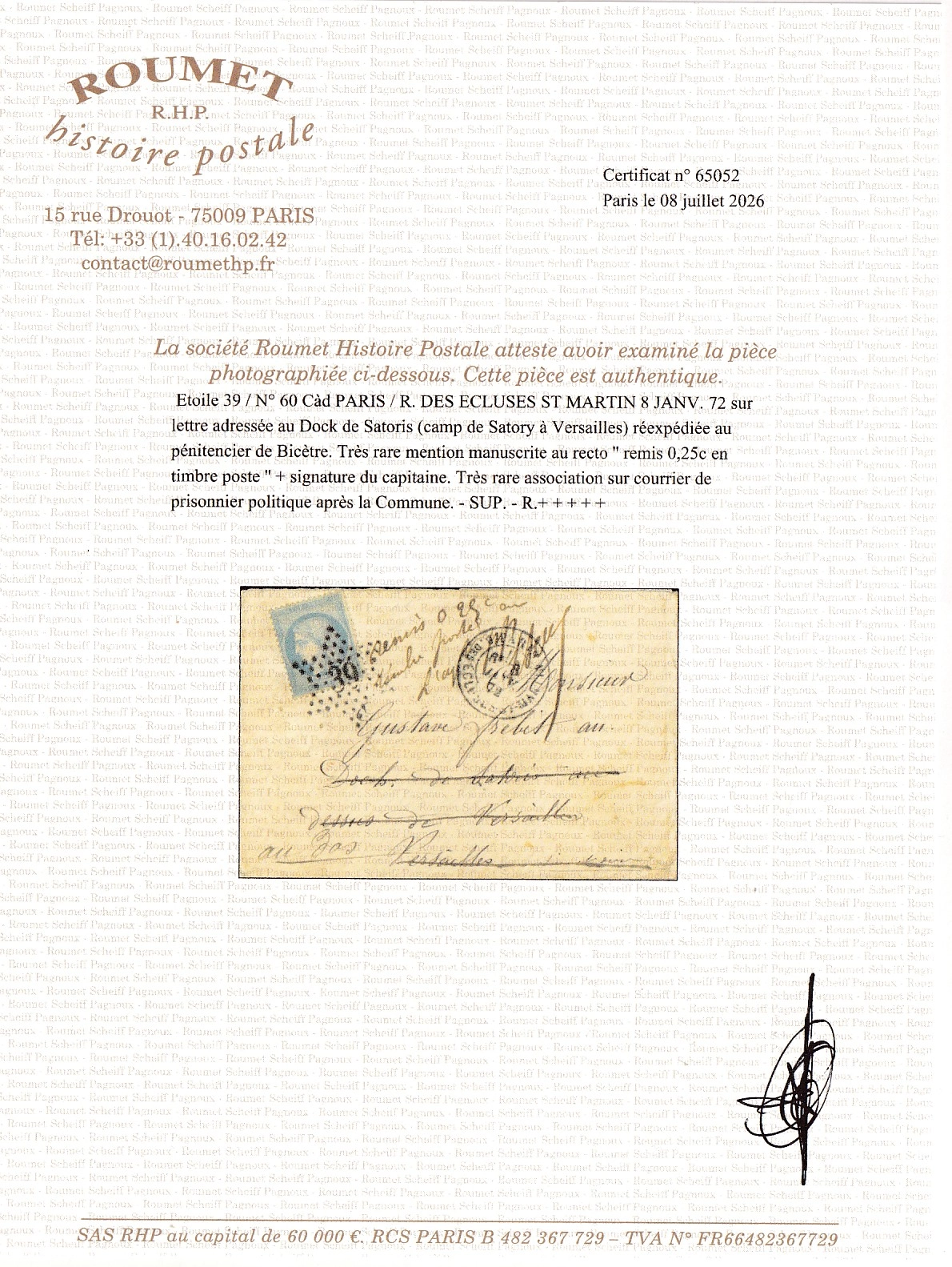 2 N°60 PARIS ETOILE 39 MENTION REMIS 25C EN TIMBRE POSTE AU DOS PENITENCIER DE BICETRE POUR CAMPS DE SATORY VERSAILLES