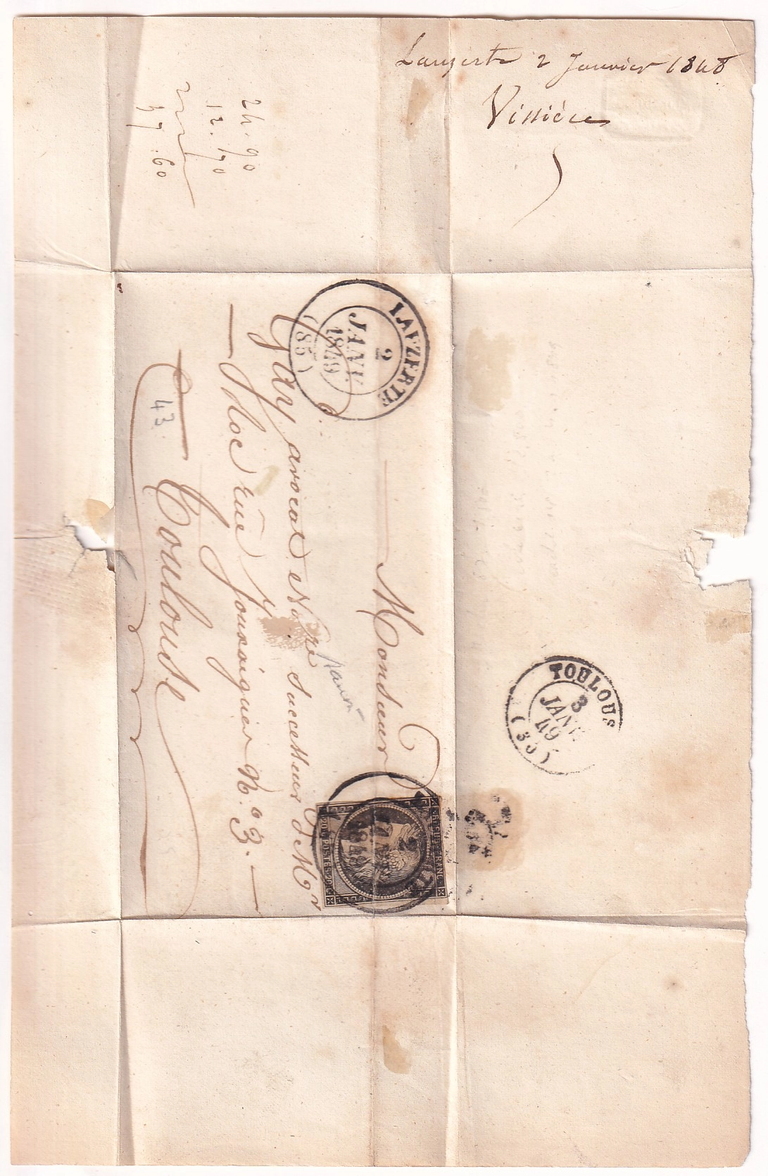 3 N°3 CAD TYPE 14 DU 2 JANVIER 1849 LAUZERTE TARN ET GARONNE POUR TOULOUSE SIGNE BAUDOT RARE