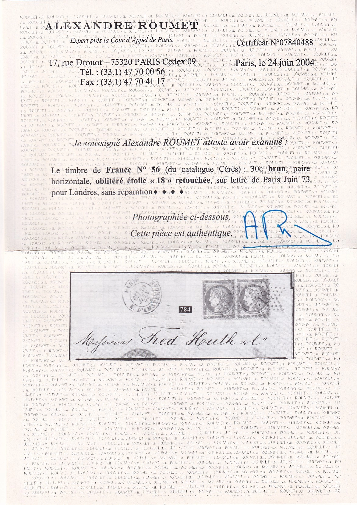 1 N°56 PAIRE PARIS ETOILE 18 R AMSTERDAM ETOILE RETOUCHE POTHION 3661 POUR LONDRES INDICE 24 CERTIFICAT ROUMET