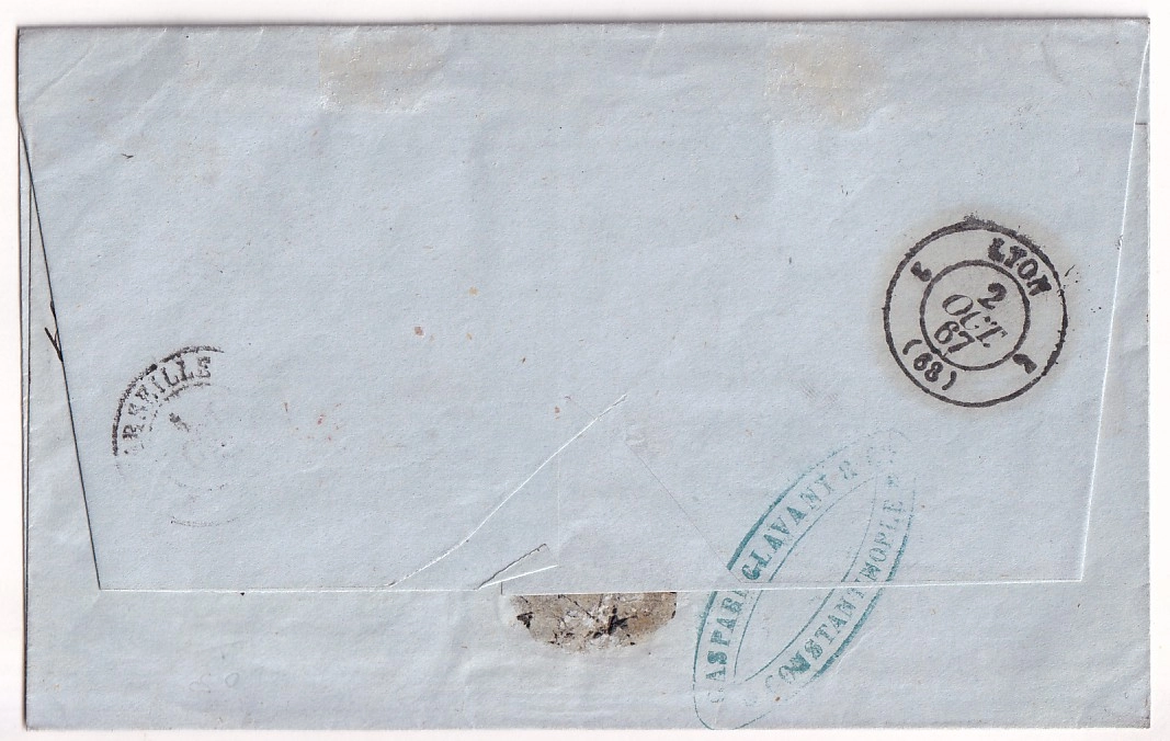 1 N°23 OBLITERATION ANCRE CAD OCTOGONAL CONSTANTINOPLE TURQUIE P FR U N°3 1867 POUR LYON RHONE