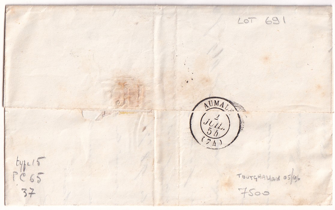 1 N°14 PC 65 AMIENS SOMME DU 1ER JUILLET 1854 1ER JOUR TARIF A 20C