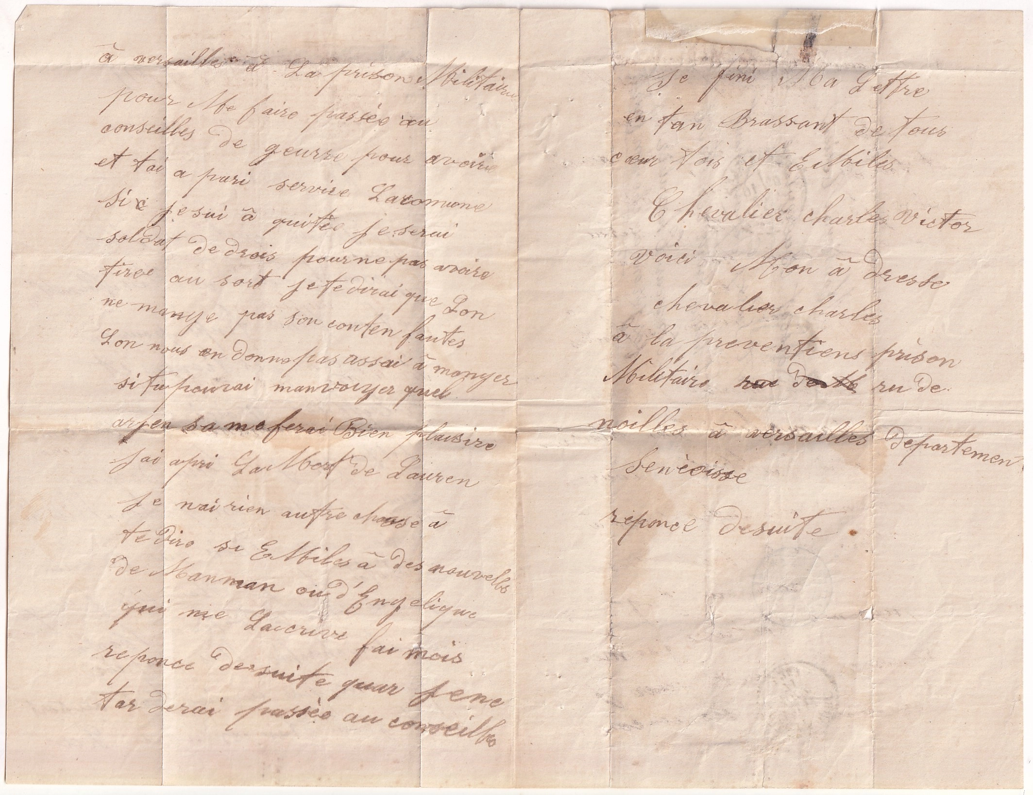 3 LETTRE DE VERSAILLES 16 AOUT 1871 D'UN DETENU A LA PRISON MILITAIRE RUE DE NOAILLES POUR PASSY EURE  DETENU CHARLES CHEVALIER CONDAMNE AUX TRAVAUX FORCES COMMUNE DE PARIS