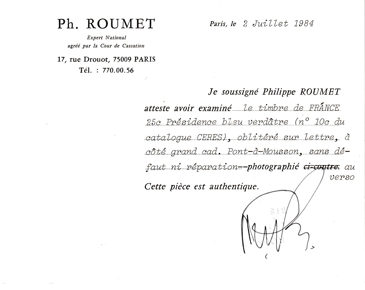 1 N°10 BLEU VERDATRE SIGNE ROUMET + CERTIFICAT CAD TYPE 13 PONT A MOUSSON MEURTHE ET MOSELLE POUR PARIS