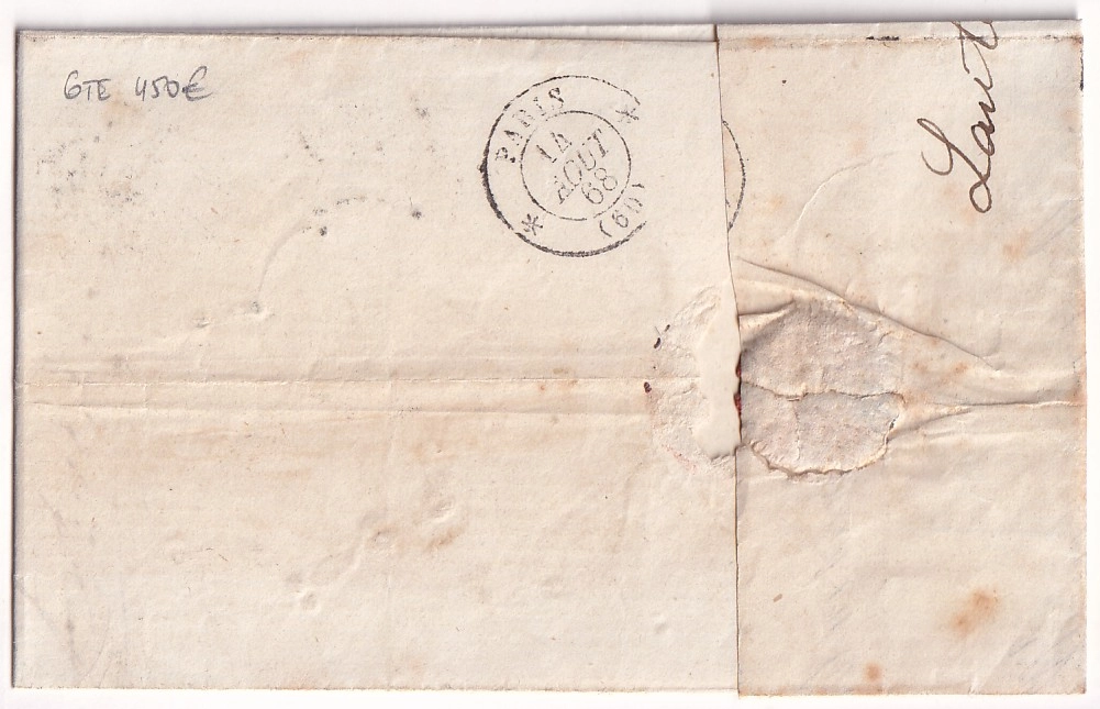 1 N°29 VARIETE A LA CORNE GC 3465 STRASBOURG BAS RHIN POUR PARIS 1868