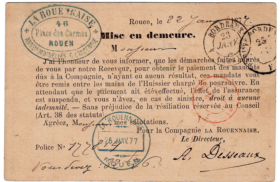 1 SAGE 15C+25C CARTE PRECURSEUR REC ROUEN 1877 POUR BORDEAUX RETOUR ROUGE 807