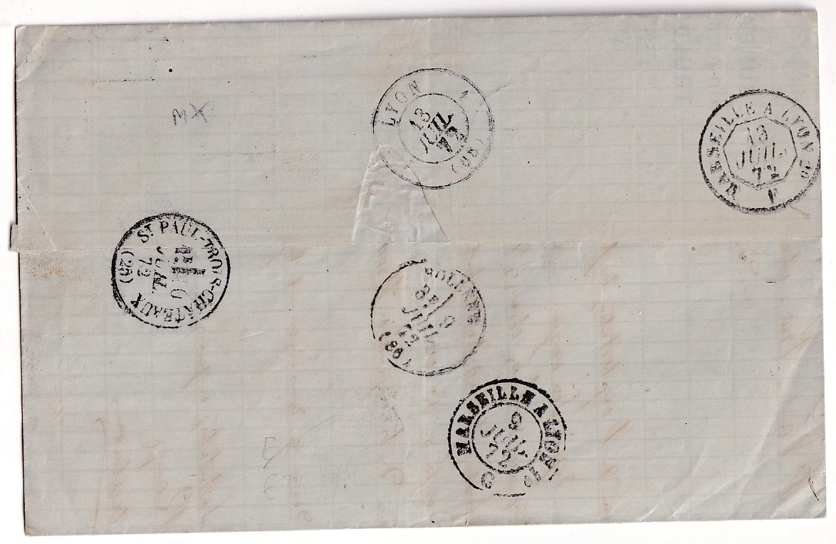 1 N°60 GC 3982 TOULOUSE REEXP N°60 GC 3800 ST PAUL TROIS CHATEAUX DROME POUR LYON RHONE 1872
