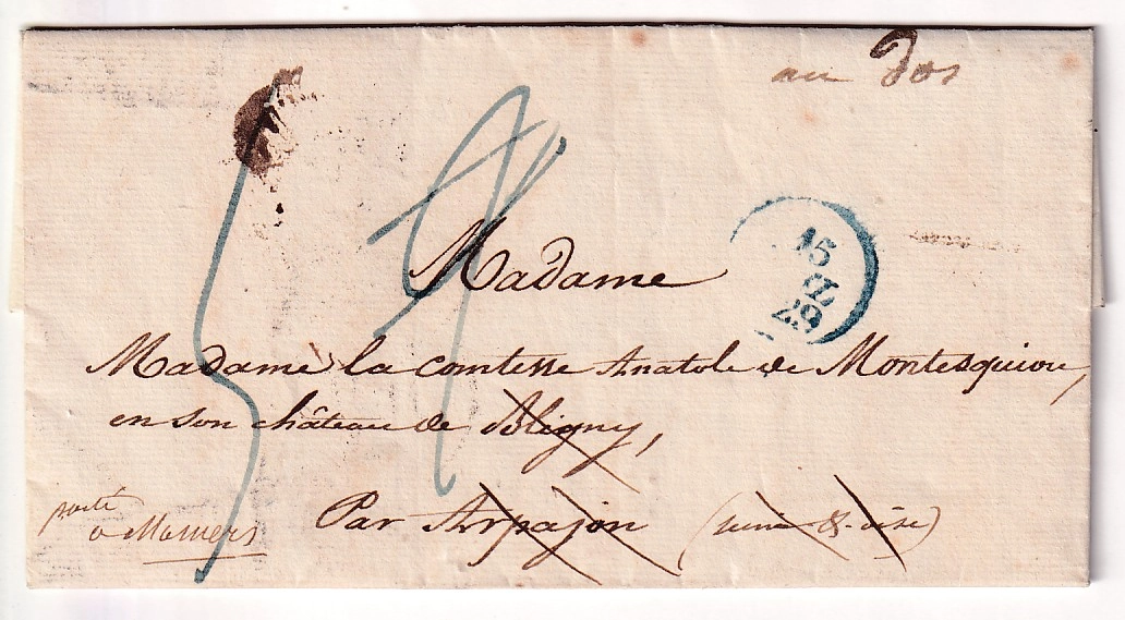 2 DEBOURSE DEB 72 ARPAJON 1829 INDICE 19 SEINE ET OISE DEPART PARIS REEXPEDIE MAMERS SARTHE