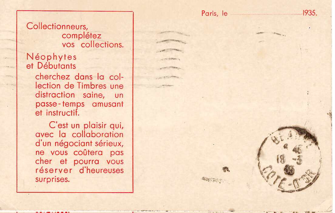 1 PAIX 40C SEUL CARTE PORTE TIMBRE IMPIRME BOURSE NEGOCIANT PARIS 1935