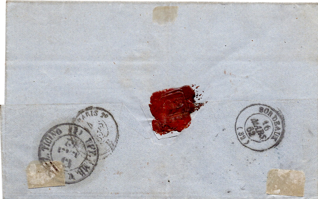 1 ITALIE 40C LETTERE LETTRE MILANO 13 MAI 1862 TO BORDEAUX + PD ROUGE NOIR