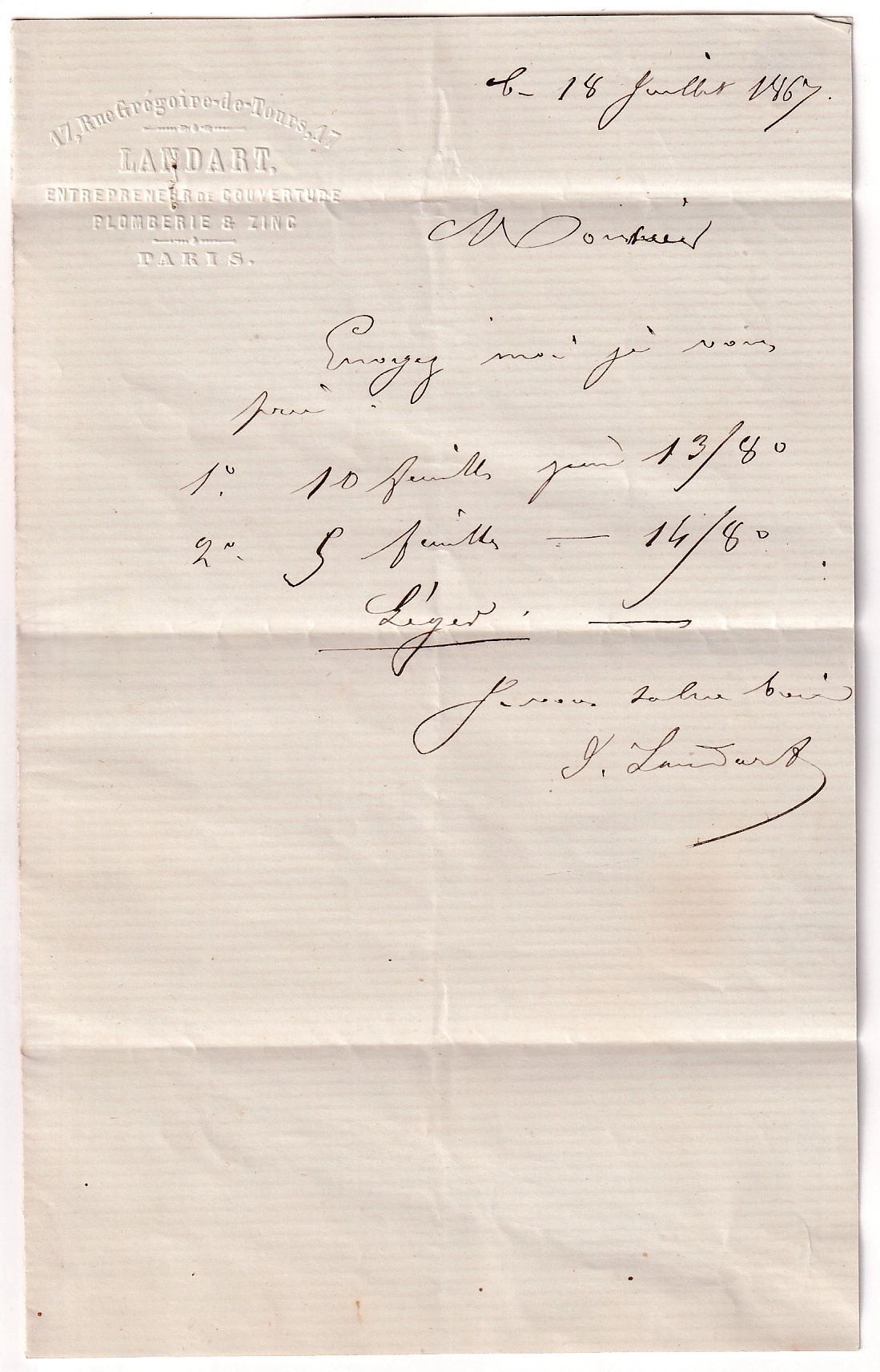 1 PARIS CACHET TAXE 15C R DU PRINCE EUGENE 1867 POUR PARIS