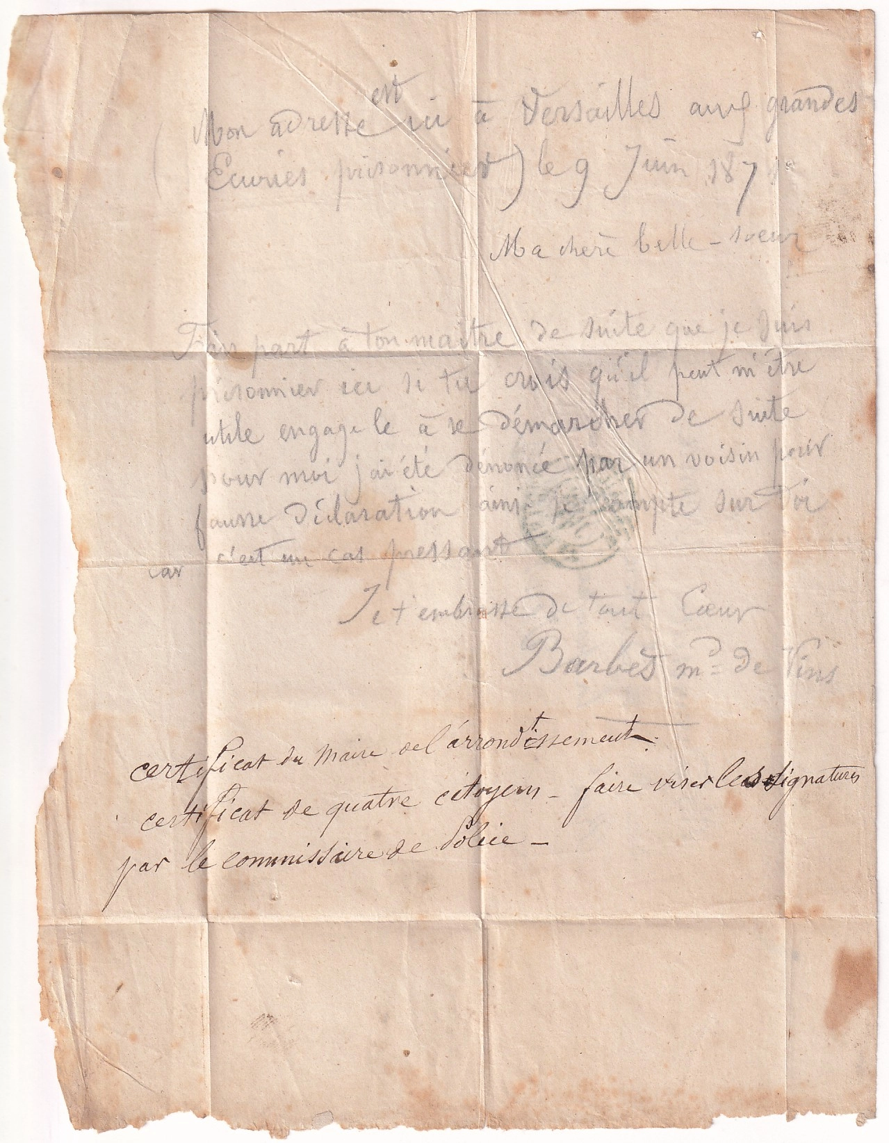 1 TAXE N°3 VERSAILLES 9 JUIN 1871 CAD BLEU ET NOIR D'UN DETENUE A LA CASERNE DES ECURIES CHATEAU DE VERSAILLES POUR VERSAILLES COMMUNE DE PARIS