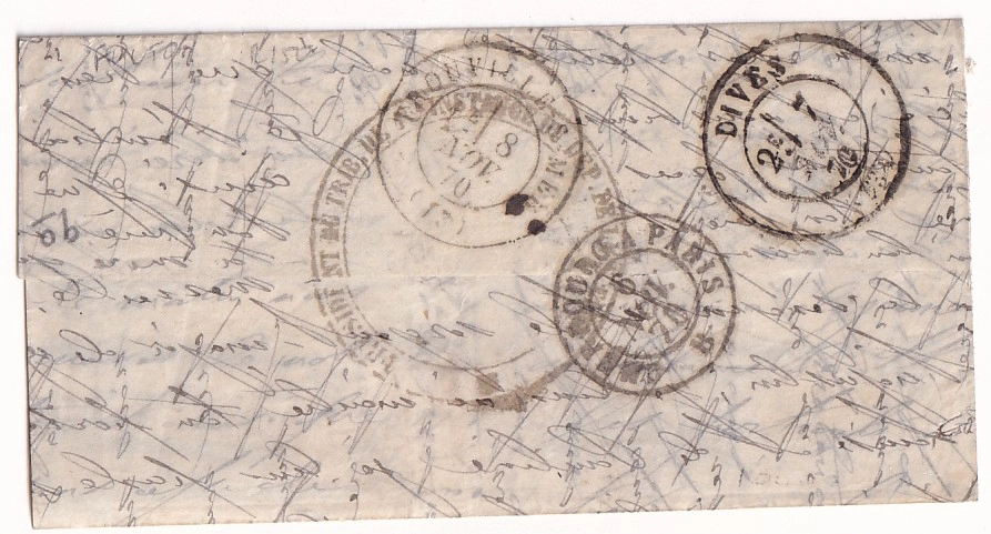 1 GUERRE 1870 BALLON MONTE LE FULTON PARIS 30.10.1870 POUR DIVES CALVADOS REEXP TROUVILLE CACHET PRESIDENT TRIBUNAL SEINE
