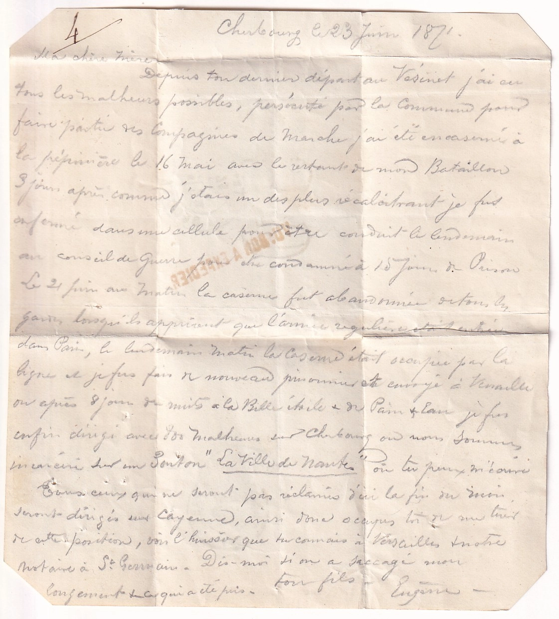 2 PRISON PONTON LA VILLE DE NANTES EN RADE DE CHERBOURG AVEC GRIFFE DE CENSURE BON A EXPEDIER EN ROUGE SEULE PIECE VU 24 JUIN 1871 POUR PARIS COMMUNE DE PARIS