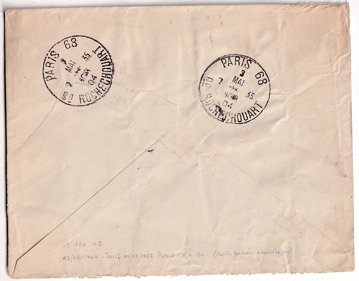 1 N°130 X2 SUR ENVELOPPE ILLUSTREE PNEUMATIQUE PARIS GRAND HOTEL + TAXE 0.20 MENTION A PERCEVOIR 1904