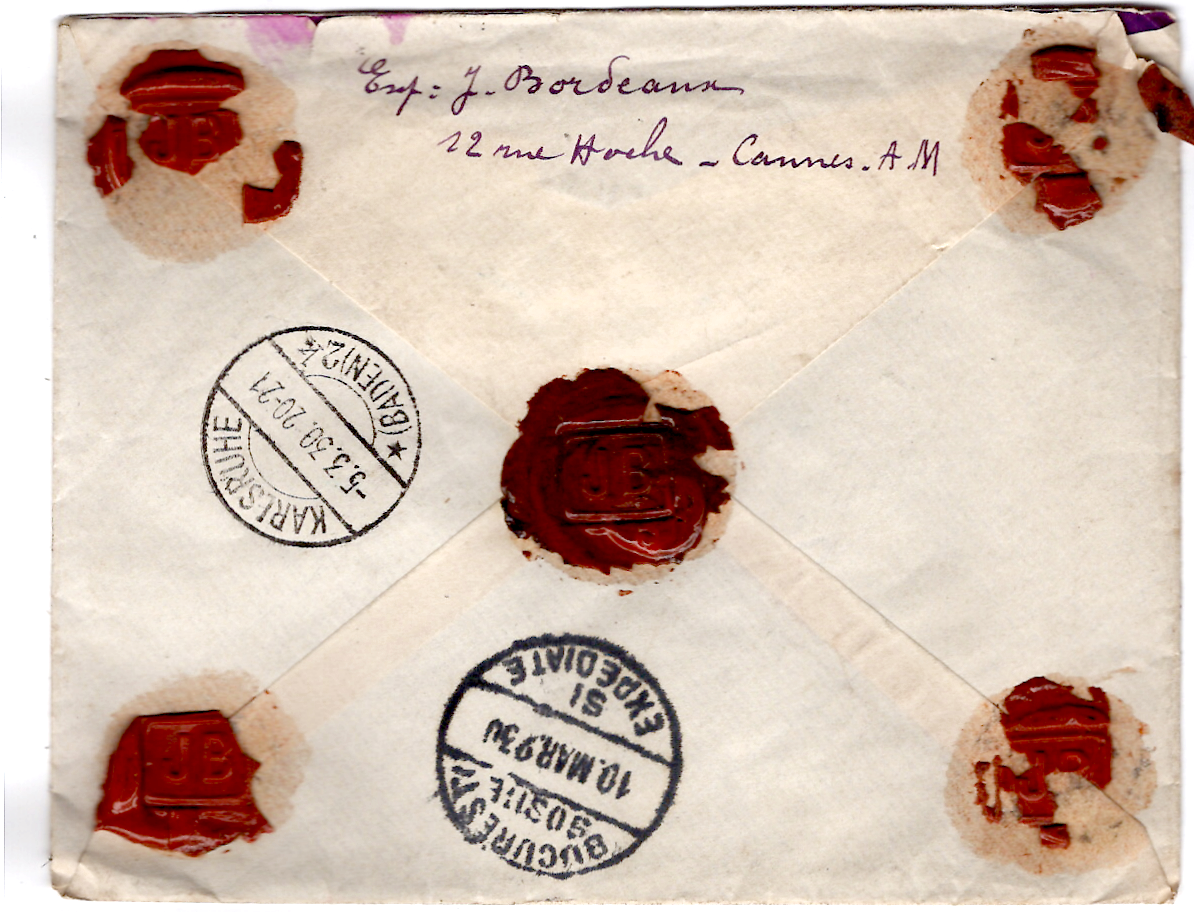 1 PASTEUR 1FR50X5 LETTRE CHARGE CANNES 1930 POUR ROUMANIE ROMANIA