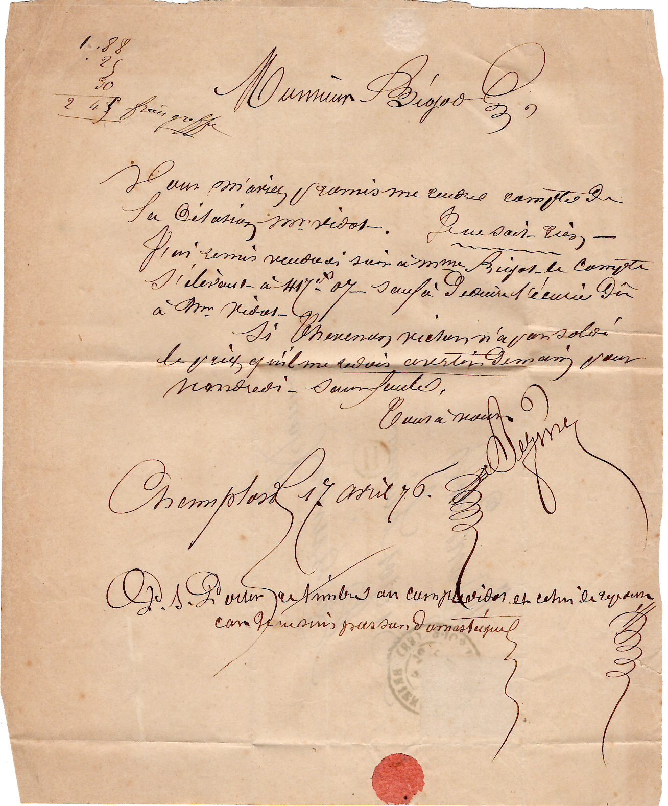 2 CERES 15C PETITE LETTRE TYPE 17 BRIENON L'ARCHEVEQUE 19 AVRIL 1876 (83) BOITE H CHEMPLOND YONNE