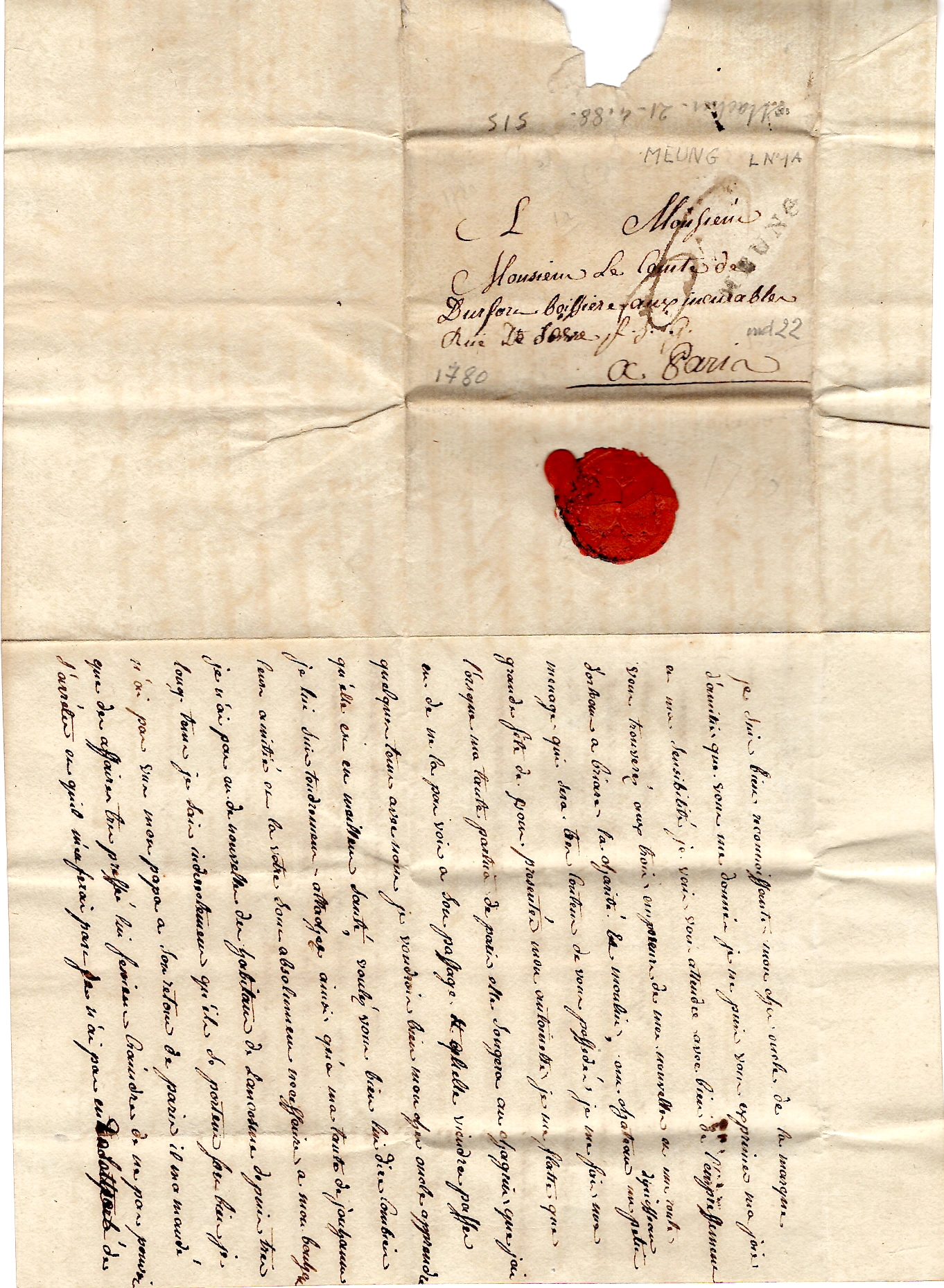 2 LOIRET MARQUE MEUNG 1780 LETTRE POUR PARIS COTE 800€