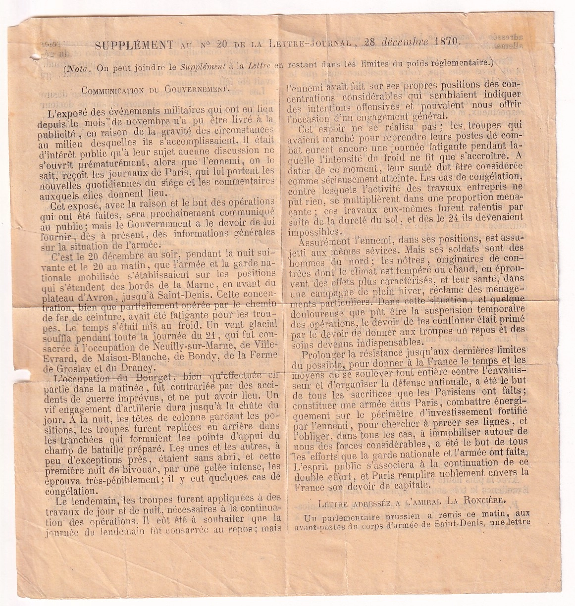 6 BALLON MONTE ARMEE DE LA LOIRE N°36 + 37 PARIS 29.12.1870 POUR MANCHESTER DANS ENVELOPPE GAZETTE DES ABSENTS N°20 + SUPPLEMENT ARRIVE 3 JANVIER 1871