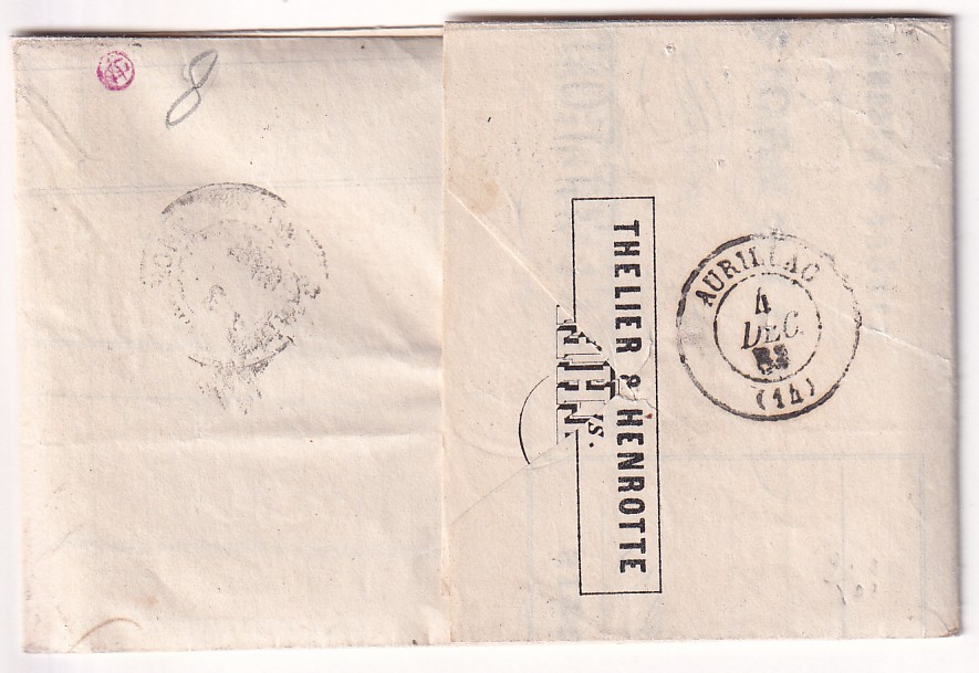 1 N°23 PARIS ETOILE PLEINE CACHET TAXE 30C PARIS PL DE LA BOURSE POUR AURILLAC CANTAL 1863 ERREUR
