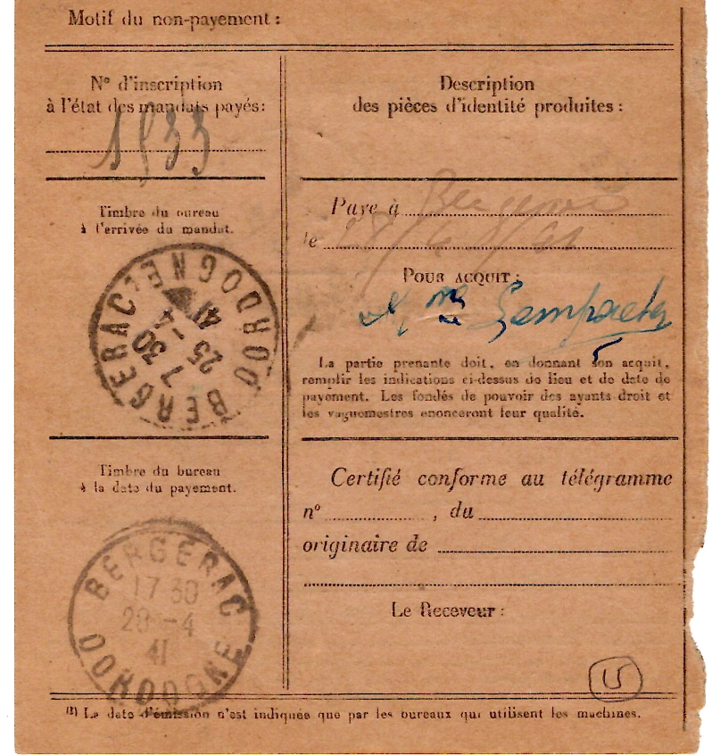 1 PAIX N° 483 SEUL MANDAT CARTE CHARGE LYON 24.4.1941 AU TARIF