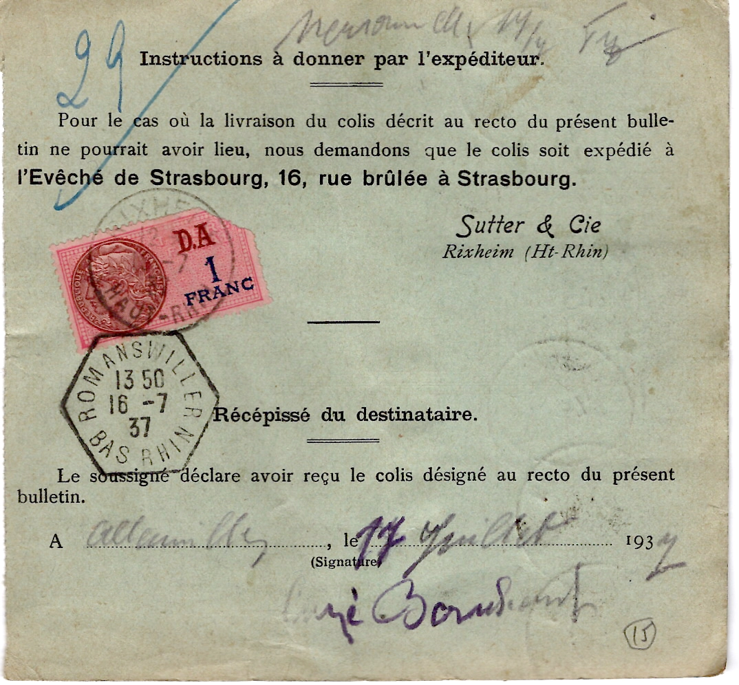 1 PAIX 40C BLOC DE 8+PAIRE RIXHEIM 1937 BULLETIN EXPEDITION