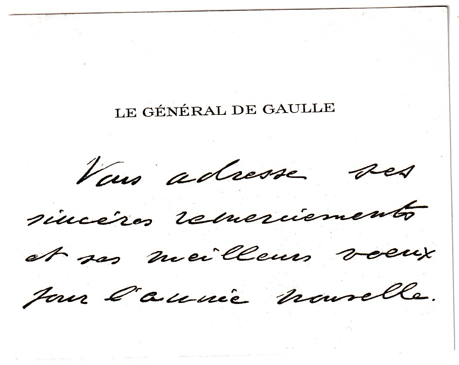 1 N°1391 PRESIDENCE DE LA REPUBLIQUE CARTE DE VISITE DU GENERAL DE GAULLE POUR ANGLETERRE 1964