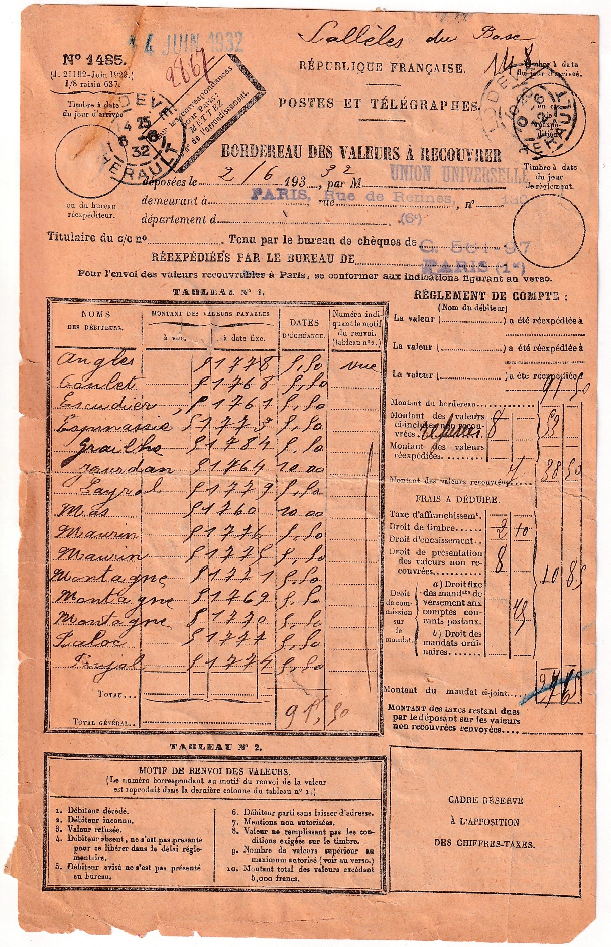 1 TAXE N°56 X38 + 58 X7 LODEVE HERAULT 1932 BORDEREAU DES VALEURS A RECOUVRER
