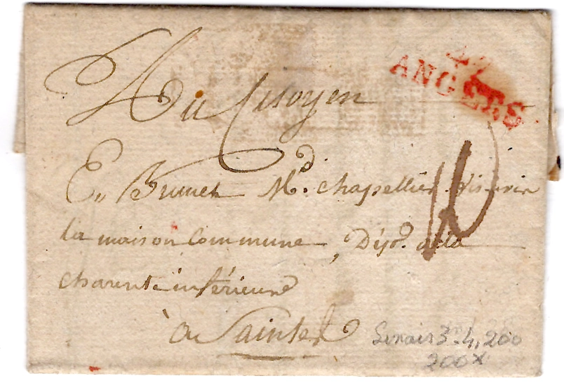 1 CHARENTE INFERIEURE MARQUE DEB. SOUBISE 1795 LETTRE FRAPPE FAIBLE COTE 2250€