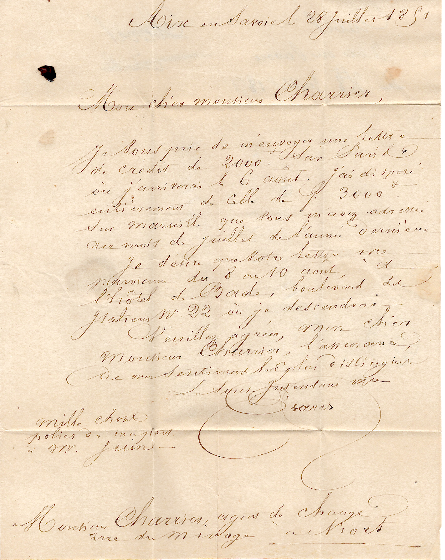 2 SARDE N° 3 TOUCHE GRILLE ROMBI AIX LES BAINS 29 JUIL 1851 LETTRE  POUR LA FRANCE MANQUE LA PAIRE DU N°1