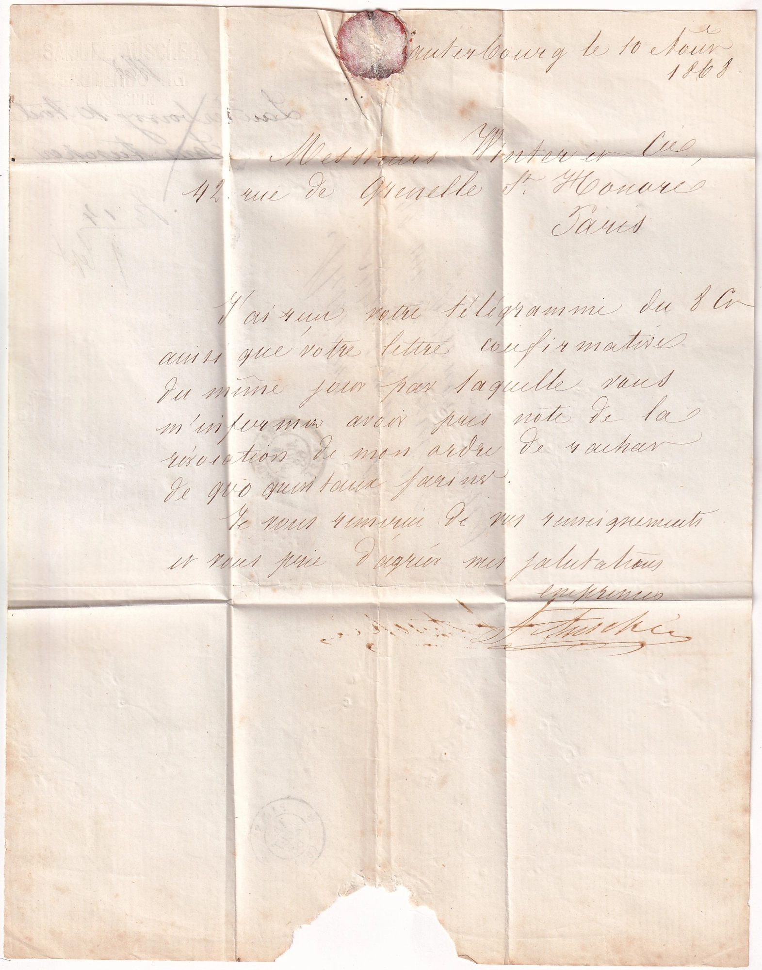 2 N°29 VARIETE A LA CORNE GC 3465 STRASBOURG BAS RHIN POUR PARIS 1868