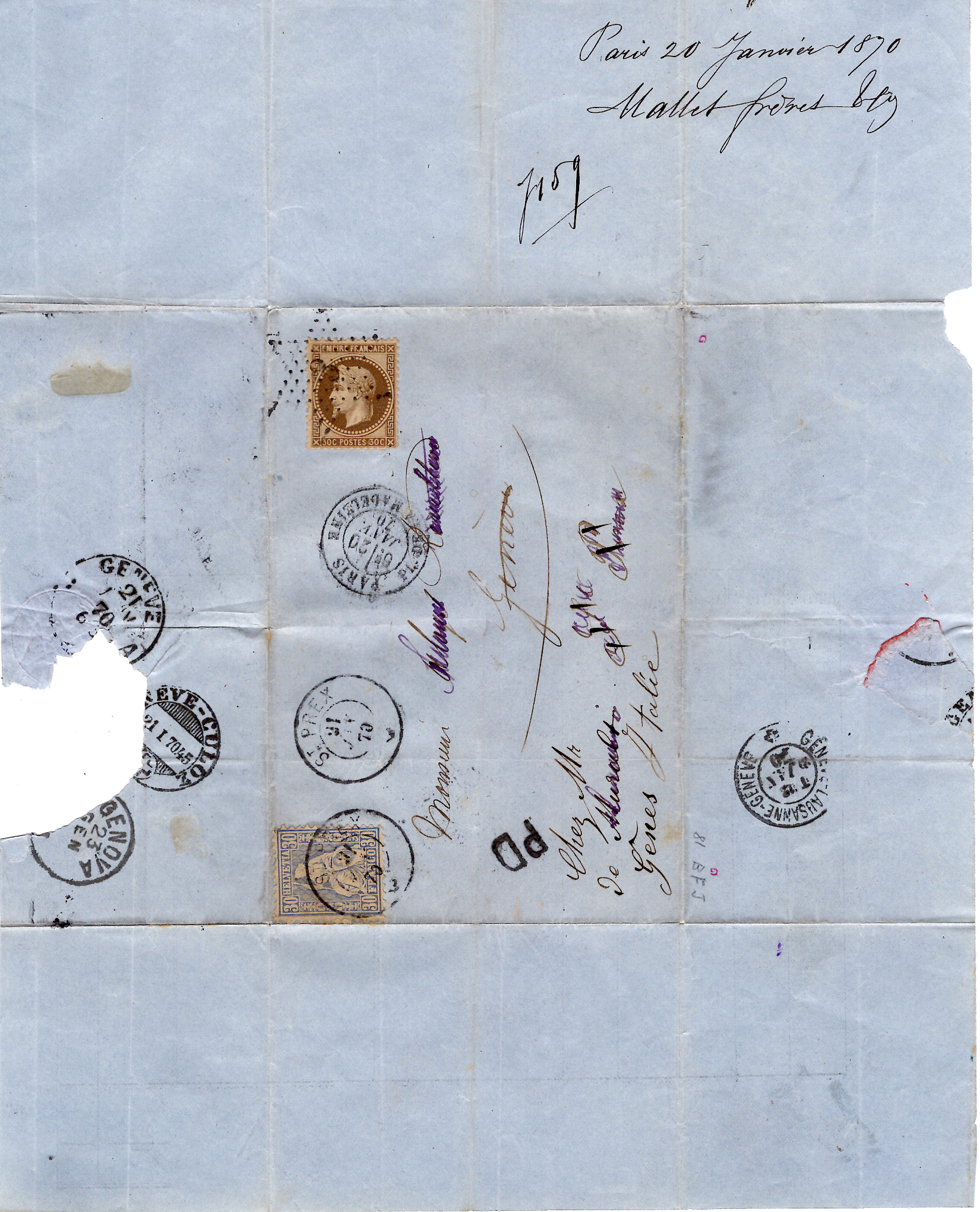 2 LAURE 30C ETOILE PARIS 3 29 JANV 1870 LETTRE POUR ST PREX SUISSE REEX 10C ST PREX POUR GENEVE