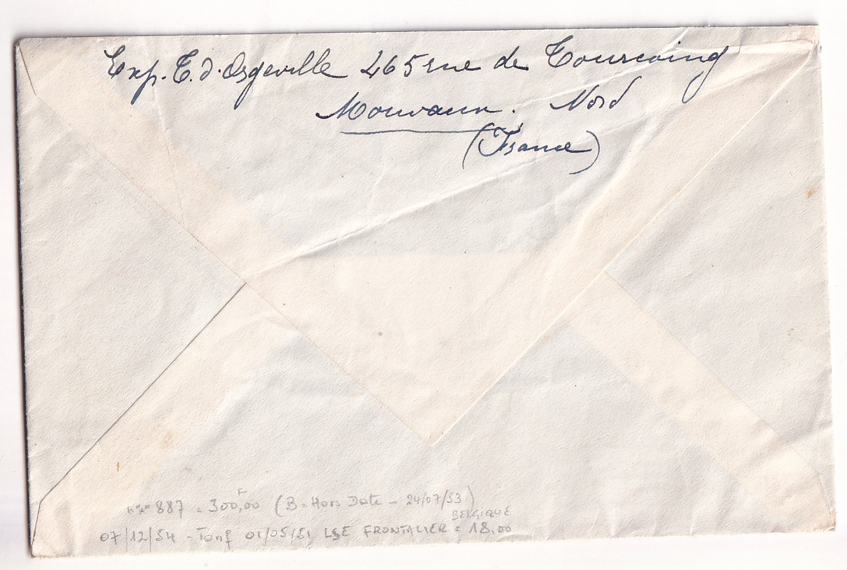 1 N°887 SEUL SUR LETTRE TARIF FRONTALIER TOURCOING POUR LA BELGIQUE 1954 GANDON