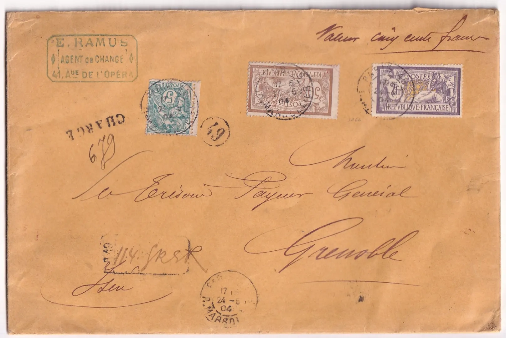 1 N°111 120 122 2FR MERSON LETTRE CHARGE PARIS 1904 POUR GRENOBLE ISERE