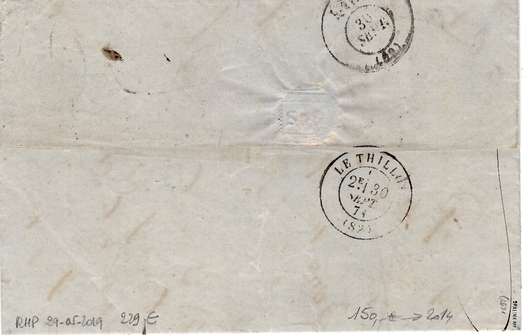 4 ALSACE N° 6 LETTRE CACHET FER A CHEVAL BLEU MULHAUSEN 29 SEPT 1871 POUR VOSGES TAXE 25DT  CERTIFICAT ROUMET