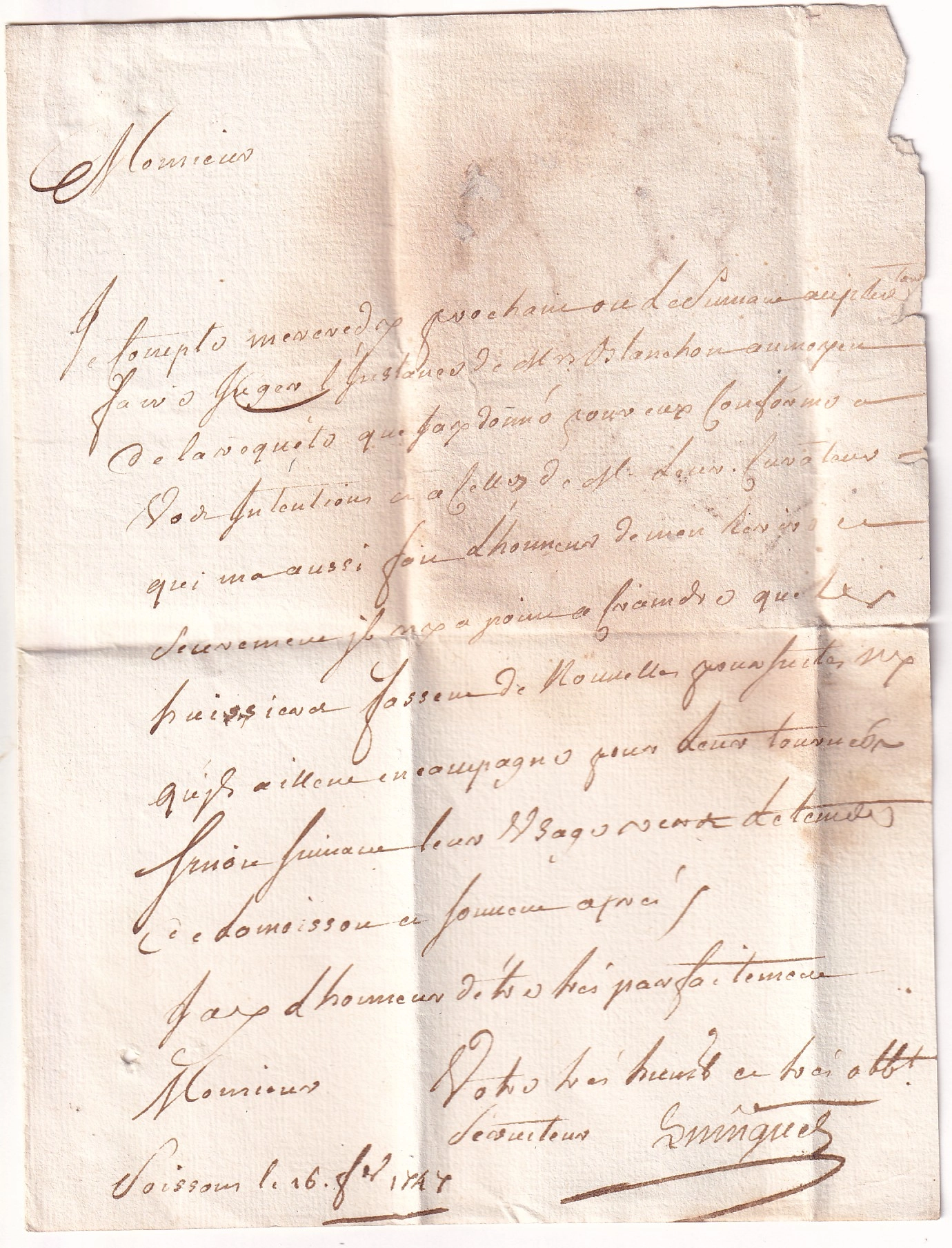 1 MARQUE DE SOISSONS AISNE 1747 LENAIN N°3 INDICE 23 POUR REIMS MARNE