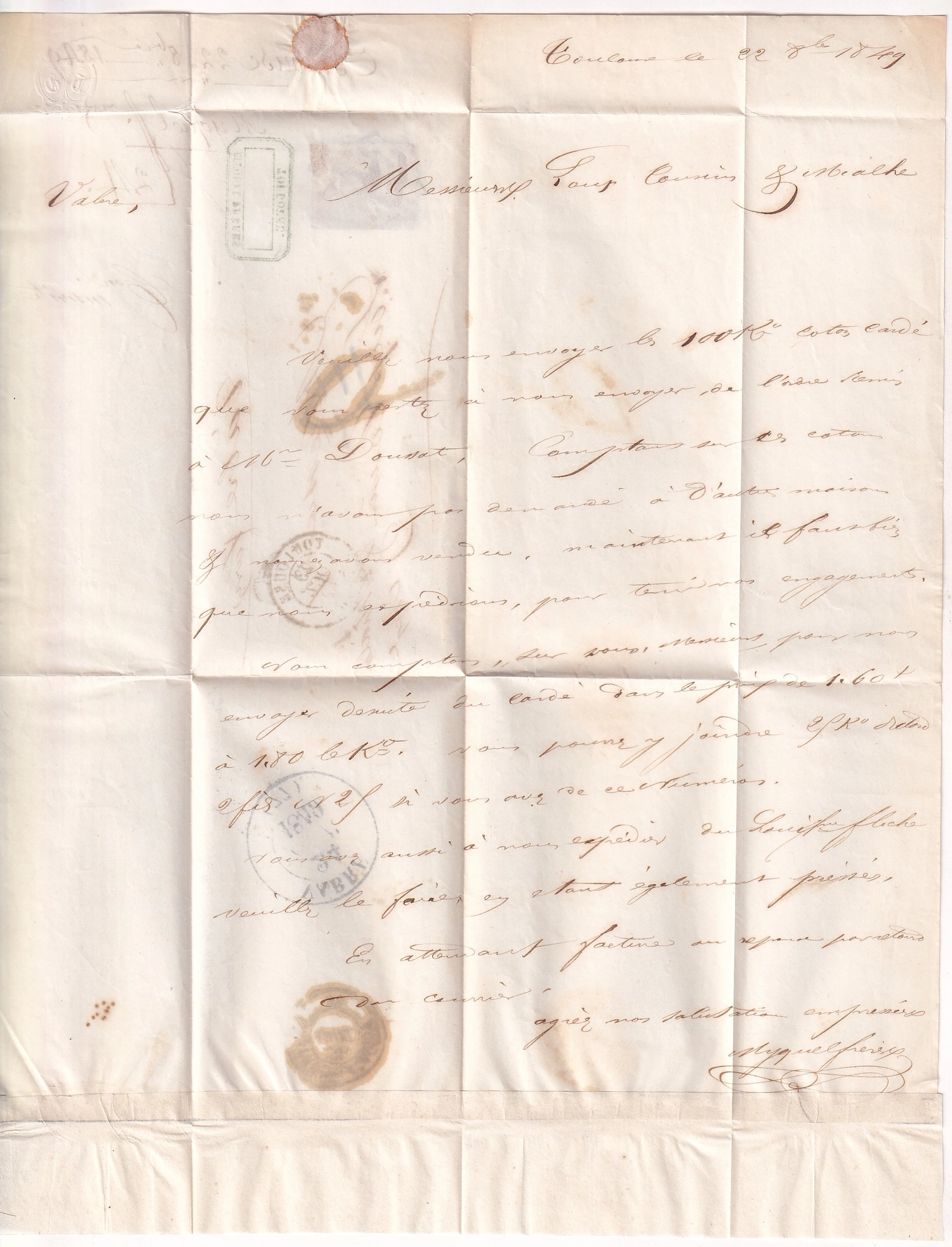 2 N°3 COULEUR FAUVE GRILLE TOULOUSE 23.10.1849 POUR VABRE TARN TAXE 2 ANNULEE