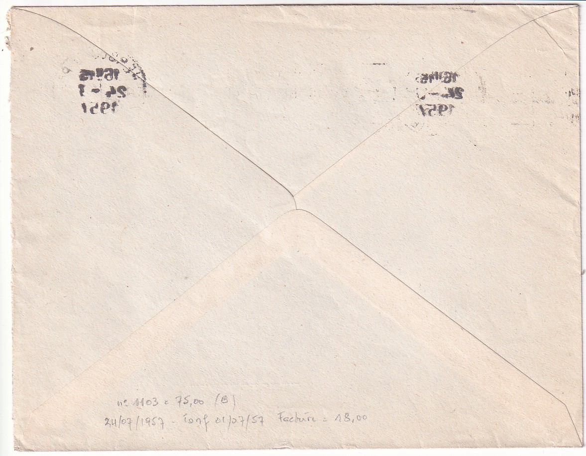 1 N°1103 SEUL SUR LETTRE CHERBOURG MANCHE 1957 POUR AMIENS SOMME FACTURE ENVELOPPE OUVERTE