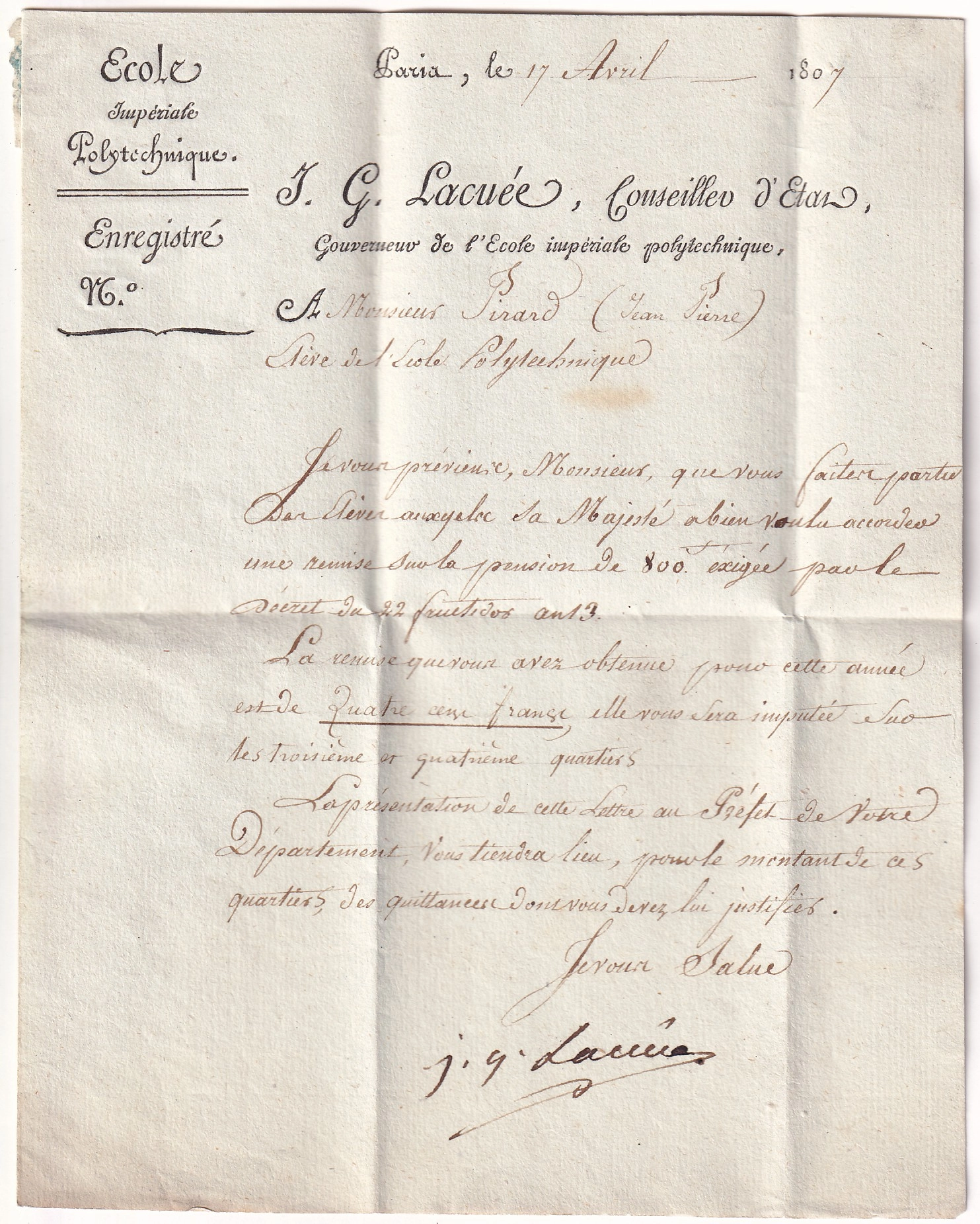 2 FRANCHISE ECOLE POLYTECHNIQUE EN NOIR TEXTE SIGNE DE JEAN GERARD LACUEE GENERAL EMPIRE 1807